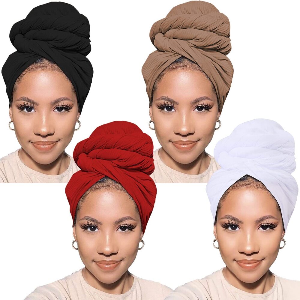 2602 4 Packs Stretch Turban Knit Head Wrap Scarf Soft African Headwraps